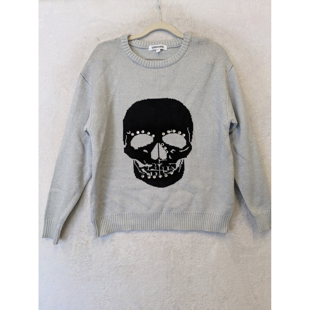 NEW Vigoss Pullover Sweater Women's S Gray Rhinestone Skull Graphic Edgy Knit